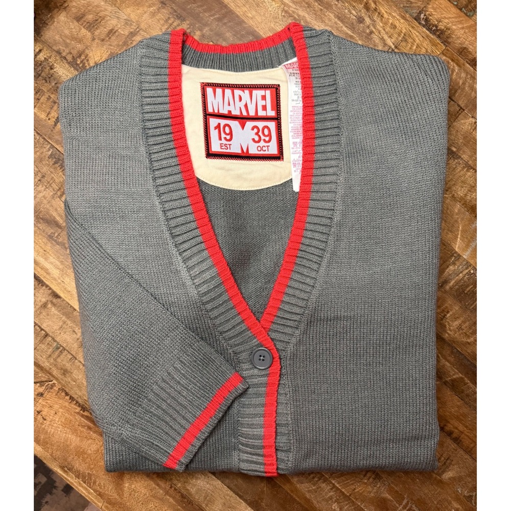 Marvel Comics Disney Parks Grey Red Varsity Cardigan Sweater Mens Medium NEW